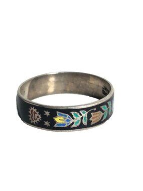 Siam Enamel Flower Love Cloisonne Sterling Silver Vintage NOS Ring Band Sz 9
